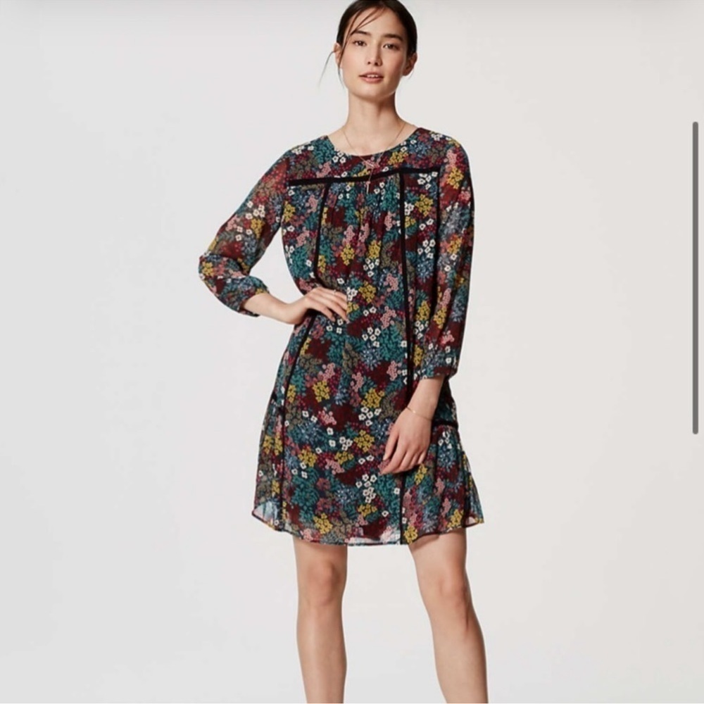 LOFT Floral Babydoll Dress | Petite XSP |Cottagecore Boho Long Sleeve